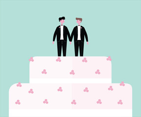 Wedding Cake Topper with Gay Groom Couple on Top, Holding Hands
