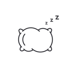 Pillow icon in line style. Black and white сontour vector illustration isolated on white background. 
Line art logo of pillow, rest and sleep. Symbol good sleep. Soft pillow for sweet sleep.