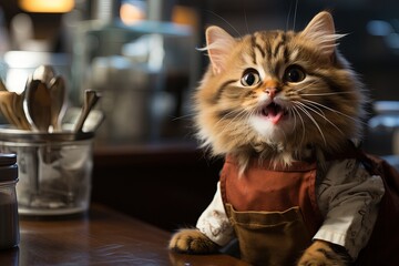 "Cattuccino" Barista: Imagine a cat dressed as a barista, complete with a tiny apron, ready to serve up some "paw - some" cattuccinos at a whimsical coffee shop illustration generative ai