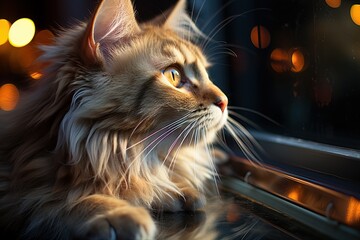 Reflection riddle: Capture the cat's perplexed face as it encounters its own reflection, its quizzical expression reflecting a blend of skepticism and amusement illustration generative ai