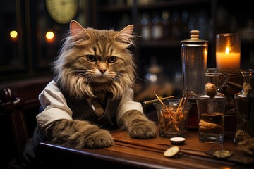 Purr - fessional Purr - tender: Capture a cat dressed as a bartender, skillfully mixing drinks with its furry paws, bringing a touch of whimsy to the art of cocktail illustration generative ai