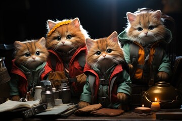 Catventurers of the Lost Toybox: Picture a team of adventurous cats, equipped with tiny backpacks and magnifying glasses, embarking on a thrilling expedition illustration generative ai