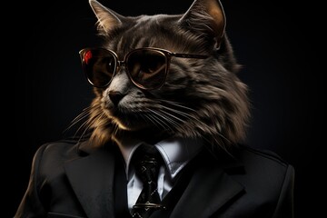 Secret Agent Whiskers: Envision a cat donning a sleek spy outfit, complete with a tiny suit, sunglasses, and a sophisticated expression illustration generative ai