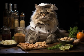 The Disguised Chef Cat: Picture a charismatic cat, disguised as a renowned chef, hosting a comical cooking show where they whip up outrageous recipes illustration generative ai
