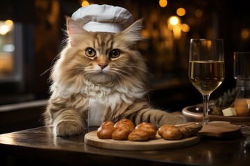 The Disguised Foodie Cat: Imagine a mischievous cat, cleverly disguised as a food critic, sneaking into restaurants to sample the finest dishes and leaving humorous reviews illustration generative ai