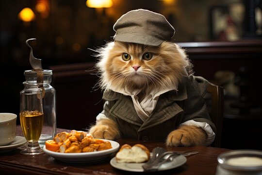 The Disguised Foodie Cat: Imagine a mischievous cat, cleverly disguised as a food critic, sneaking into restaurants to sample the finest dishes and leaving humorous reviews illustration generative ai