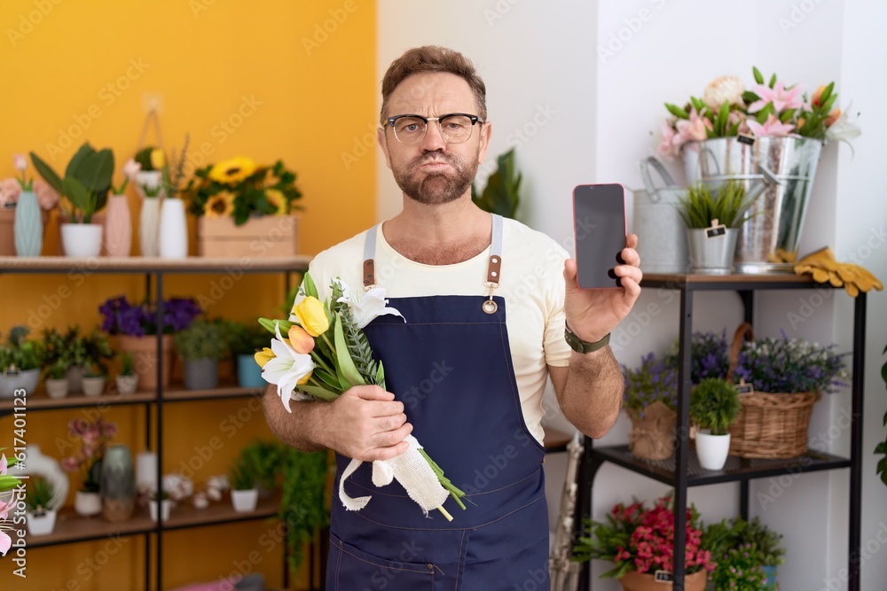 Sticker Middle age man with beard working at florist shop showing smartphone screen puffing cheeks with funny face. mouth inflated with air, catching air.