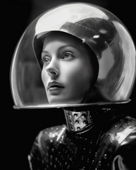1950's Atomic age image of model wearing sci-fi style space suit and helmet in preparation for instellar travel to the moon and beyond.