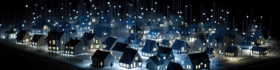 Digital community, smart homes and digital community. DX, Iot, digital network in society concept. suburban houses at night. Hand edited generative AI. 