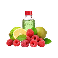 Raspberry with leaves isolated on white background.
