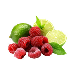 Raspberry with leaves isolated on white background.