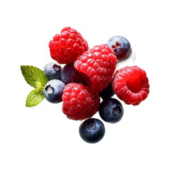 Raspberry with leaves isolated on white background.