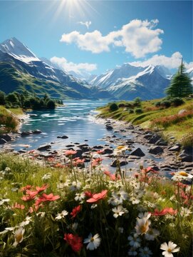 Beautiful landscape created by artificial intelligence creek in the mountains