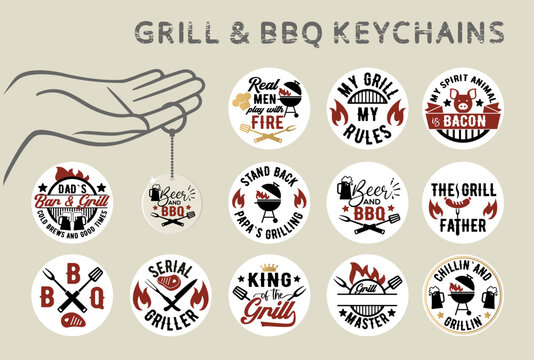 Vector lettering for keychain, t shirt, poster, card. Funny BBQ concept with keychain mockup