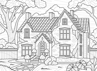 House with garden. Coloring book in zentangle style with castle and stone path. Black and white banner with rustic landscape. Architecture, villa and home concept. Outline flat vector illustration