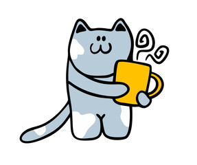 Cute domestic cat animal with cup of hot coffee or tea. Vector illustration of funny pet and drink.
