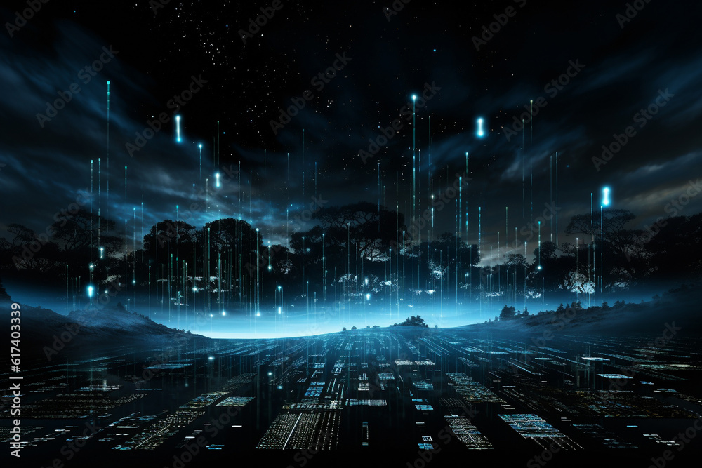 Wall mural around the development, there are various elements representing the concept of cyberspace. floating 