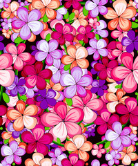 Festive decor, floral pattern. Purple, pink, vintage style. Colorful daisy, wood anemone, clematis petals