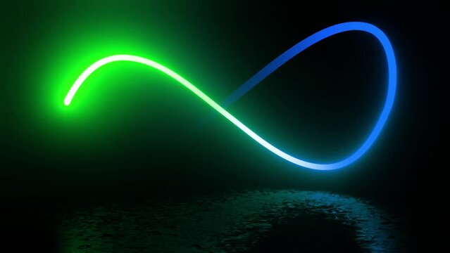 Infinity symbol appears of multiple glowing lines, animated figure. Emerging glowing gradient rainbow color infinity sign on black background from many lines. Lines draw moving infinity sign