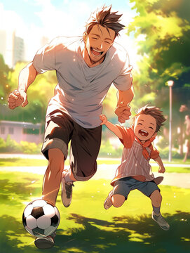 father plays football with his sons