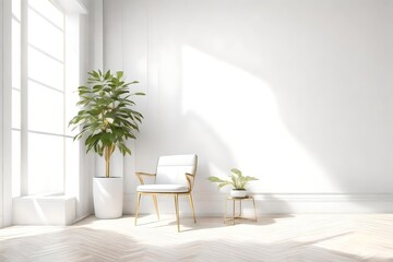 Empty white Room with chair and plant in the corner white and gold modern and contemporary design. Generative AI