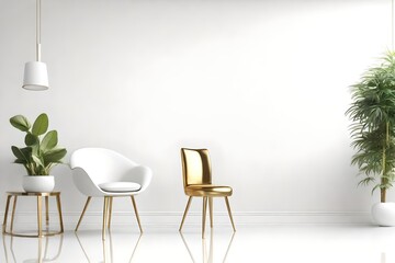 Fototapeta na wymiar Empty white Room with chair and plant in the corner white and gold modern and contemporary design. Generative AI