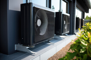 eine hochtechnisch aussehende Klimaanlage am Haus, a high-tech looking air conditioner on the house