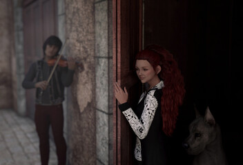 A girl with red curly hair, accompanied by a dane dog,  listening behind a half open door to a violinist playing on the street