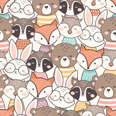 Cute Woodland Animals seamless pattern. Childish Cartoon Animals Background. Cute Cartoon fox, racoon, bear, rabbit, squirrel, and owl. design for background, wallpaper, fabric, textile and more.