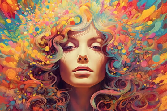 woman's face in retro psychedelic illustration made with generative ai