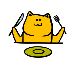 Hungry cat sits at the table in front of an empty plate with a fork and knife and waits for lunch. Vector illustration of feeding a kitten in a restaurant.