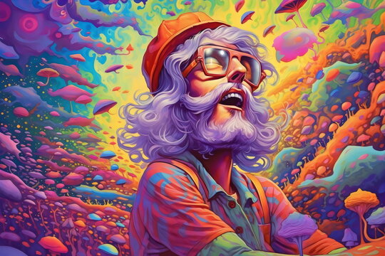 bearded man tripping high in retro psychedelic illustration made with generative ai