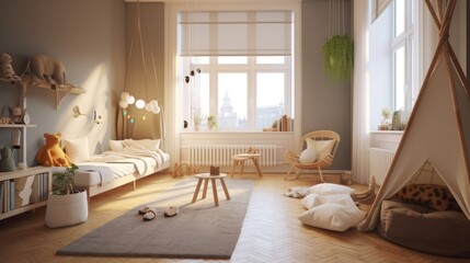 Fototapeta na wymiar Scandinavian inspired children's room. AI generated