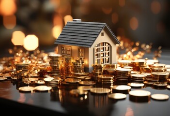 Fototapeta na wymiar Housing and financial preparation for retirement, tiny house model on a row of gold coins