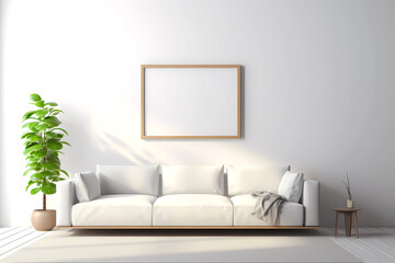 Rectangular frame mockup in living room interior with white sofa and plant on white background, minimalism. Scandinavian style. Generative AI