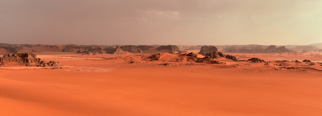 Sand dunes and rocks in the Sahara Desert, Algerian part in the Tadrart and Tassili n'Ajjer mountains, Africa - obrazy, fototapety, plakaty