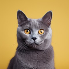 grey kitty with yellow wall behind her