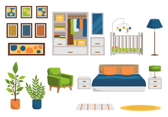 Set of furniture and interior stuff. Bedroom. Vector graphic.
