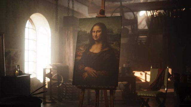 Dolly Movement Presenting the Famous Painting of the Mona Lisa Resting on an Easel Stand in an Old Art Workshop. Warm Atmosphere Inside a Renaissance Creative Space full of Inspiration