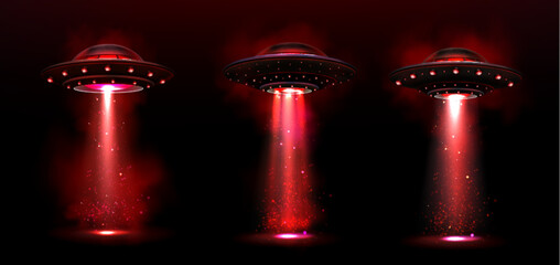 Realistic set of UFOs with red light and smoke portals isolated on black background. Vector illustration of flying saucers glowing in darkness, space vehicle takeoff, alien abduction, planet invasion © klyaksun