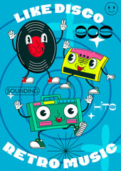 Party 90s poster. Funny smiling characters, cassette, vinyl disc and radio tape recorder in retro style. Flyer to nightly event with dancing and nostalgic music. Cartoon flat vector illustration