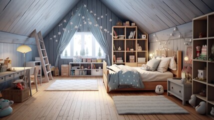Children's room with Scandinavian influences in a minimalistic Setting. AI generated