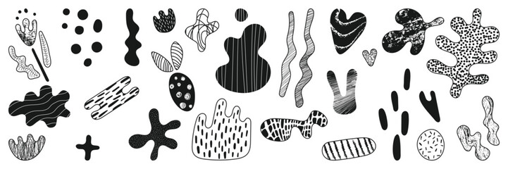 Set of abstract monochrome hand draw organic shapes, doodles and textures. Pack vector form for social media stories, branding, banner, collage, poster isolated on white background. 