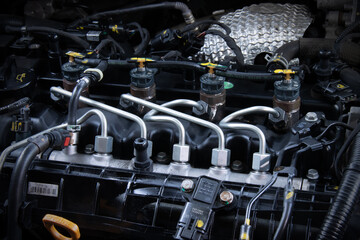 modern diesel car engine close up - obrazy, fototapety, plakaty