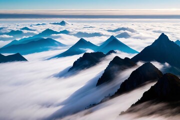 Misty haze over a range of mountain peaks. Generative AI