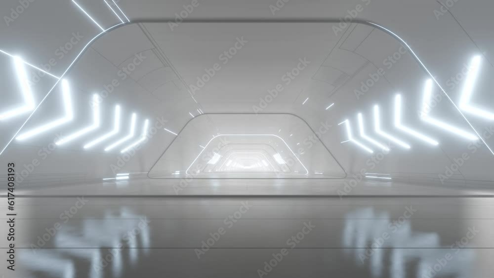 Poster 3d rendering of white abstract sci-fi tunnel, Futuristic spaceship corridor. Loop animation.