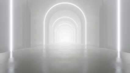 3d rendering of white abstract sci-fi tunnel, Futuristic spaceship corridor.