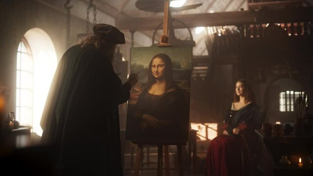 Representation of the Historical Moment of the Genius Leonardo Da Vinci Painting his Muse and Creating his Masterpiece, the Mona Lisa, in his Art Workshop. Pure Talent and Inspiration Put on Canvas