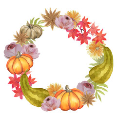 Wreath round template fall autumn season pumpkin and flower botanical leaf for greetings, logo