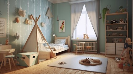 Streamlined Scandinavian design in children's interior. AI generated